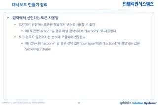 64COPYRIGHT ⓒ 2015 Intelliansystems ALL RIGHTS RESERVED.
인텔리안시스템즈
 입력에서 선언하는 토큰 사용법
 입력에서 선언하는 토큰은 패널에서 변수로 사용할 수 있다
• 예) 토큰명 “action” 일 경우 패널 검색식에서 “$action$” 로 사용한다.
 토크 접두사 및 접미사는 변수에 포함되어 전달된다
• 예) 접두사가 “action=“ 일 경우 선택 값이 “purchase”이면 “$action$”에 전달되는 값은
“action=purchase”
대시보드 만들기 정리
 