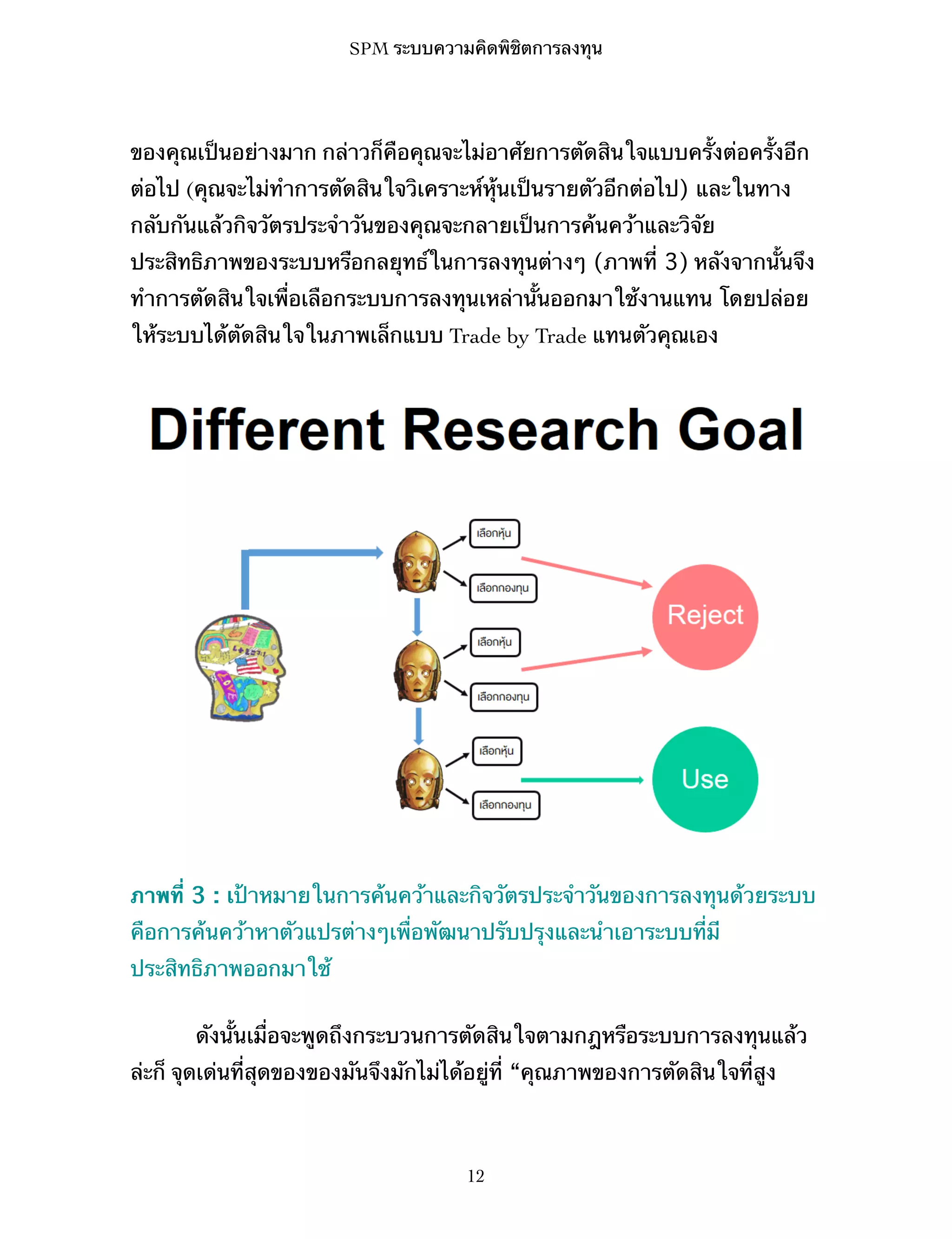 SPM ระบบความคิดพิชิตการลงทุน

ของคุณเป็นอย่างมาก กล่าวก็คือคุณจะไม่อาศัยการตัดสินใจแบบครั้งต่อครั้งอีก
ต่อไป (คุณจะไม่ทำการตัดสินใจวิเคราะห์หุ้นเป็นรายตัวอีกต่อไป) และในทาง
กลับกันแล้วกิจวัตรประจำวันของคุณจะกลายเป็นการค้นคว้าและวิจัย
ประสิทธิภาพของระบบหรือกลยุทธ์ในการลงทุนต่างๆ (ภาพที่ 3) หลังจากนั้นจึง
ทำการตัดสินใจเพื่อเลือกระบบการลงทุนเหล่านั้นออกมาใช้งานแทน โดยปล่อย
ให้ระบบได้ตัดสินใจในภาพเล็กแบบ Trade by Trade แทนตัวคุณเอง

ภาพที่ 3 : เป้าหมายในการค้นคว้าและกิจวัตรประจำวันของการลงทุนด้วยระบบ
คือการค้นคว้าหาตัวแปรต่างๆเพื่อพัฒนาปรับปรุงและนำเอาระบบที่มี
ประสิทธิภาพออกมาใช้
ดังนั้นเมื่อจะพูดถึงกระบวนการตัดสินใจตามกฎหรือระบบการลงทุนแล้ว
ล่ะก็ จุดเด่นที่สุดของของมันจึงมักไม่ได้อยู่ที่ “คุณภาพของการตัดสินใจที่สูง

12

 