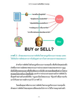 SPM ระบบความคิดพิชิตการลงทุน

ภาพที่ 2 : ลักษณะของกระบวนการตัดสินใจตามกฎหรือระบบการลงทุน แสดง
ให้เห็นถึงการตัดช่องทางการรับข้อมูลข่าวสารในทางตรงออกจากสมองของเรา
สำหรับการตัดสินใจด้วยกฎหรือระบบการลงทุนนั้น เพื่อที่จะปิดจุดอ่อนซึ่ง
เกิดขึ้นจากความผิดพลาดของระบบการประมวลผลจากสมองของพวกเรา พวก
มันจึงได้ถูกออกแบบมาเพื่อที่จะตัดเอาการรับรู้ข่าวสารและข้อมูลดิบต่างๆในทาง
ตรงออกไปจากตัวเราโดยสิ้นเชิง และทำการประมวลรวมผลรวมถึงการตัดสินใน
ขั้นสุดท้ายผ่านตัวแทนซึ่งก็คือ “กฎและเงื่อนไขของระบบ” ที่ถูกสร้างขึ้นมารองรับ
เอาไว้กับสถานการณ์ต่างๆเอาไว้ (ภาพที่ 2)
โดยเมื่อคุณอาศัยกระบวนการตัดสินใจตามกฎหรือระบบการลงทุนนั้น
ลักษณะการตัดสินใจของคุณจะเปลี่ยนแปลงไปจากการใช้วิจารณญาณส่วนตัว

11

 