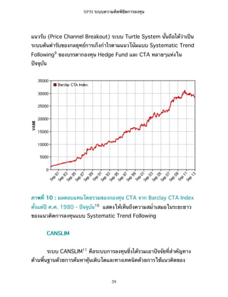 SPM ระบบความคิดพิชิตการลงทุน

แนวรับ (Price Channel Breakout) ระบบ Turtle System นั้นถือได้ว่าเป็น
ระบบต้นตำรับของกลยุทธ์การเก็งกำไรตามแนวโน้มแบบ Systematic Trend
Following9 ของบรรดากองทุน Hedge Fund และ CTA หลายๆแห่งใน
ปัจจุบัน

ภาพที่ 10 : ผลตอบแทนโดยรวมของกองทุน CTA จาก Barclay CTA Index
ตั้งแต่ปี ค.ศ. 1980 - ปัจจุบัน10 แสดงให้เห็นถึงความสม่ำเสมอในระยะยาว
ของแนวคิดการลงทุนแบบ Systematic Trend Following
CANSLIM
ระบบ CANSLIM11 คือระบบการลงทุนซึ่งได้รวมเอาปัจจัยที่สำคัญทาง
ด้านพื้นฐานด้วยการค้นหาหุ้นเติบโตและทางเทคนิคด้วยการใช้แนวคิดของ

39

 