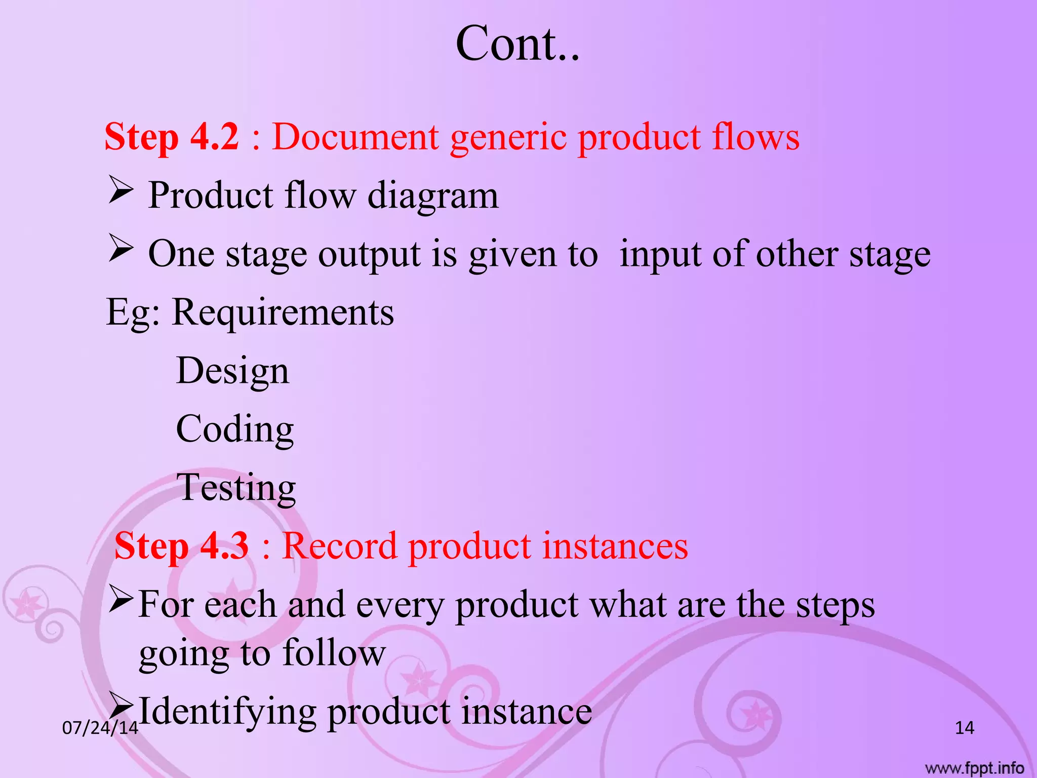 Cont..
Step 4.2 : Document generic product flows
 Product flow diagram
 One stage output is given to input of other stage
Eg: Requirements
Design
Coding
Testing
Step 4.3 : Record product instances
For each and every product what are the steps
going to follow
Identifying product instance07/24/14 14
 