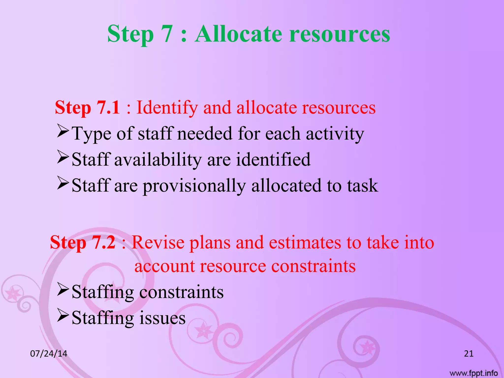 Step 7 : Allocate resources
Step 7.1 : Identify and allocate resources
Type of staff needed for each activity
Staff availability are identified
Staff are provisionally allocated to task
Step 7.2 : Revise plans and estimates to take into
account resource constraints
Staffing constraints
Staffing issues
07/24/14 21
 