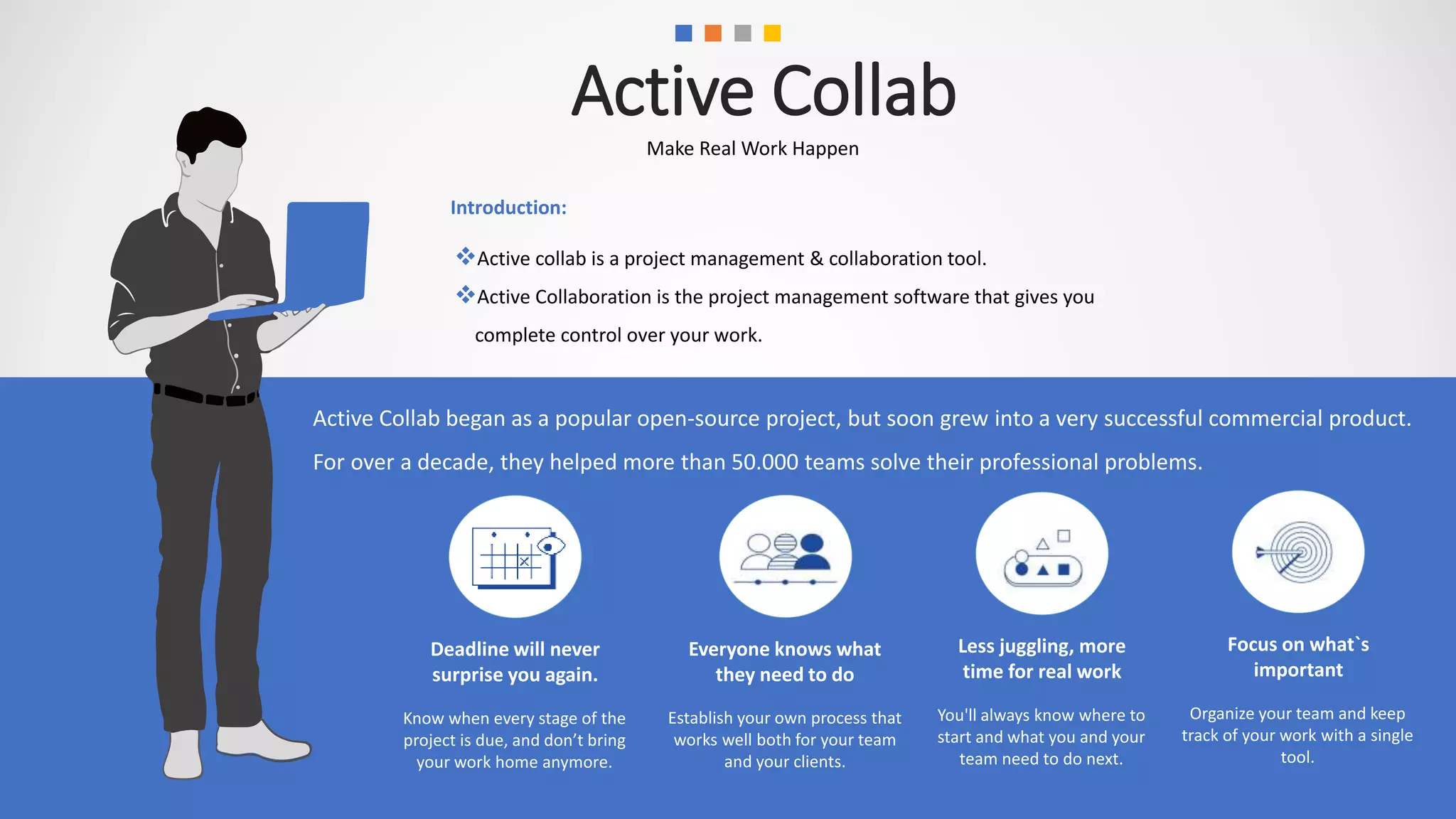 Active Collab
400+ Clients
Make Real Work Happen
Introduction:
Active Collab began as a popular open-source project, but soon grew into a very successful commercial product.
For over a decade, they helped more than 50.000 teams solve their professional problems.
Active collab is a project management & collaboration tool.
Active Collaboration is the project management software that gives you
complete control over your work.
Deadline will never
surprise you again.
Know when every stage of the
project is due, and don’t bring
your work home anymore.
Everyone knows what
they need to do
Establish your own process that
works well both for your team
and your clients.
Less juggling, more
time for real work
You'll always know where to
start and what you and your
team need to do next.
Focus on what`s
important
Organize your team and keep
track of your work with a single
tool.
 