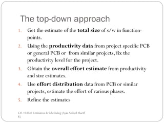 The top-down approach
1.     Get the estimate of the total size of s/w in function-
       points.
2.     Using the productivity data from project specific PCB
       or general PCB or from similar projects, fix the
       productivity level for the project.
3.     Obtain the overall effort estimate from productivity
       and size estimates.
4.     Use effort distribution data from PCB or similar
       projects, estimate the effort of various phases.
5.     Refine the estimates

CH-4 Effort Estimation & Scheduling (Ayaz Ahmed Shariff
K)
 