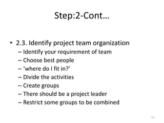 Step:2-Cont…
• 2.3. Identify project team organization
– Identify your requirement of team
– Choose best people
– ‘where do I fit in?’
– Divide the activities
– Create groups
– There should be a project leader
– Restrict some groups to be combined
14
 