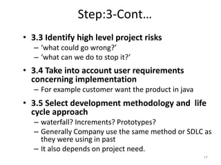 Step:3-Cont…
• 3.3 Identify high level project risks
– ‘what could go wrong?’
– ‘what can we do to stop it?’
• 3.4 Take into account user requirements
concerning implementation
– For example customer want the product in java
• 3.5 Select development methodology and life
cycle approach
– waterfall? Increments? Prototypes?
– Generally Company use the same method or SDLC as
they were using in past
– It also depends on project need.
17
 