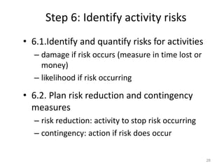 Step 6: Identify activity risks
• 6.1.Identify and quantify risks for activities
– damage if risk occurs (measure in time lost or
money)
– likelihood if risk occurring
• 6.2. Plan risk reduction and contingency
measures
– risk reduction: activity to stop risk occurring
– contingency: action if risk does occur
28
 