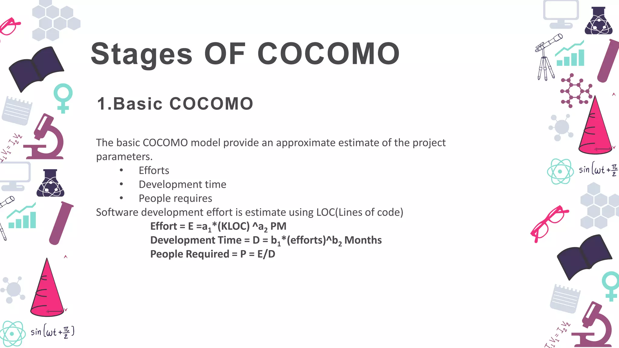Stages OF COCOMO
The basic COCOMO model provide an approximate estimate of the project
parameters.
• Efforts
• Development time
• People requires
Software development effort is estimate using LOC(Lines of code)
Effort = E =a1*(KLOC) ^a2 PM
Development Time = D = b1*(efforts)^b2 Months
People Required = P = E/D
1.Basic COCOMO
 