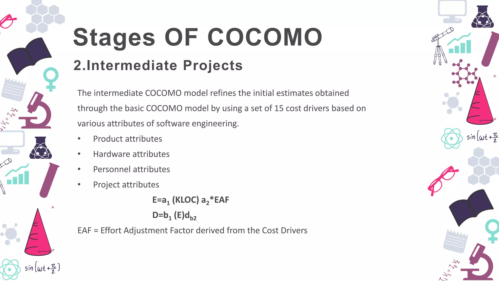 Stages OF COCOMO
The intermediate COCOMO model refines the initial estimates obtained
through the basic COCOMO model by using a set of 15 cost drivers based on
various attributes of software engineering.
• Product attributes
• Hardware attributes
• Personnel attributes
• Project attributes
E=a1 (KLOC) a2*EAF
D=b1 (E)db2
EAF = Effort Adjustment Factor derived from the Cost Drivers
2.Intermediate Projects
 