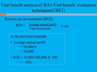 Cost benefit analysis (CBA)/ Cost benefit evaluation
techniques(CBET)
20
Return on investment (ROI)
ROI = Average annual profit
Total investment
X 100
In the previous example
• average annual profit
= 50,000/5
= 10,000
• ROI = 10,000/100,000 X 100
= 10%
 