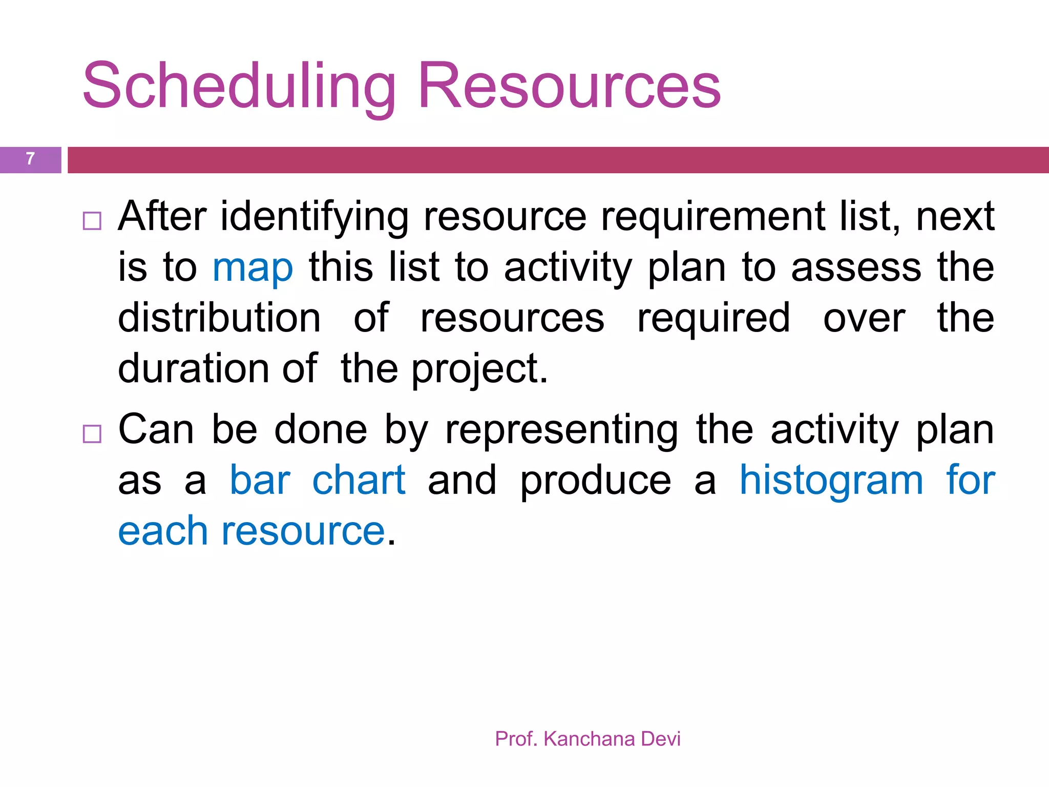 Scheduling Resources
Prof. Kanchana Devi
7
 After identifying resource requirement list, next
is to map this list to activity plan to assess the
distribution of resources required over the
duration of the project.
 Can be done by representing the activity plan
as a bar chart and produce a histogram for
each resource.
 