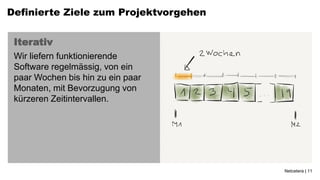 Definierte Ziele zum Projektvorgehen


 Iterativ
 Wir liefern funktionierende
 Software regelmässig, von ein
 paar Wochen bis hin zu ein paar
 Monaten, mit Bevorzugung von
 kürzeren Zeitintervallen.




                                       Netcetera | 11
 