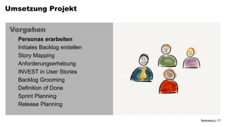 Umsetzung Projekt


 Vorgehen
 •   Personas erarbeiten
 •   Initiales Backlog erstellen
 •   Story Mapping
 •   Anforderungserhebung
 •   INVEST in User Stories
 •   Backlog Grooming
 •   Definition of Done
 •   Sprint Planning
 •   Release Planning

                                   Netcetera | 17
 