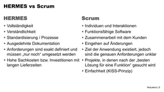 HERMES vs Scrum

HERMES                                     Scrum
 Vollständigkeit                           Individuen und Interaktionen
 Verständlichkeit                          Funktionsfähige Software
 Standardisierung / Prozesse               Zusammenarbeit mit dem Kunden
 Ausgedehnte Dokumentation                 Eingehen auf Änderungen
 Anforderungen sind exakt definiert und    Ziel der Anwendung existiert, jedoch
  müssen „nur noch“ umgesetzt werden         sind die genauen Anforderungen unklar
 Hohe Sachkosten bzw. Investitionen mit    Projekte, in denen nach der „besten
  langen Lieferzeiten                        Lösung für eine Funktion“ gesucht wird
                                            Einfachheit (KISS-Prinzip)


                                                                              Netcetera | 8
 
