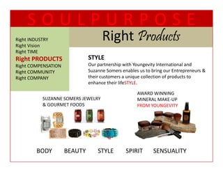 SOULPURPOSE
Right INDUSTRY
Right Vision
                                    Right Products
                                    Ri ht P d t
Right TIME
  g
Right PRODUCTS                STYLE 
Right COMPENSATION            Our partnership with Youngevity International and 
Right COMMUNITY               Suzanne Somers enables us to bring our Entrepreneurs & 
Right COMPANY                 their customers a unique collection of products to 
                               h i                 i     ll i      f    d
                              enhance their lifeSTYLE.  

                                                    AWARD WINNING 
           SUZANNE SOMERS JEWELRY                   MINERAL MAKE‐UP
           & GOURMET FOODS                          FROM YOUNGEVITY




         BODY        BEAUTY        STYLE        SPIRIT       SENSUALITY
 