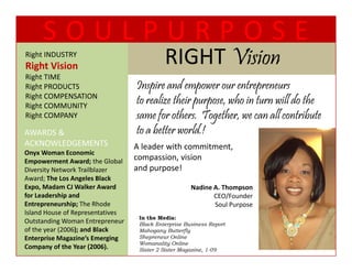 SOULPURPOSE
Right INDUSTRY
Right Vision                                 RIGHT Vision
                                             RIGHT V
Right TIME
Right PRODUCTS
Ri ht PRODUCTS                     Inspire and empower our entrepreneurs
Right COMPENSATION
Right COMMUNITY
                                   to realize their purpose, who in turn will do the
Right COMPANY
  g                                same fo oth Tog th , we can a cont b t
                                    am for others. Together,           all contribute
AWARDS &                           to a better world.!
ACKNOWLEDGEMENTS                   A leader with commitment, 
Onyx Woman Economic 
Onyx Woman Economic
Empowerment Award; the Global      compassion, vision 
Diversity Network Trailblazer      and purpose!
Award; The Los Angeles Black 
Expo, Madam CJ Walker Award 
Expo Madam CJ Walker Award                             Nadine A. Thompson
                                                       Nadine A Thompson
for Leadership and                                            CEO/Founder
Entrepreneurship; The Rhode                                   Soul Purpose
Island House of Representatives 
                                    In the Media:
Outstanding Woman Entrepreneur 
Outstanding Woman Entrepreneur      Black Enterprise Business Report
of the year (2006); and Black       Mahogany Butterfly
Enterprise Magazine’s Emerging      Shepreneur Online
                                    Womanality Online
Company of the Year (2006).         Sister 2 Sister Magazine, 1-09
 