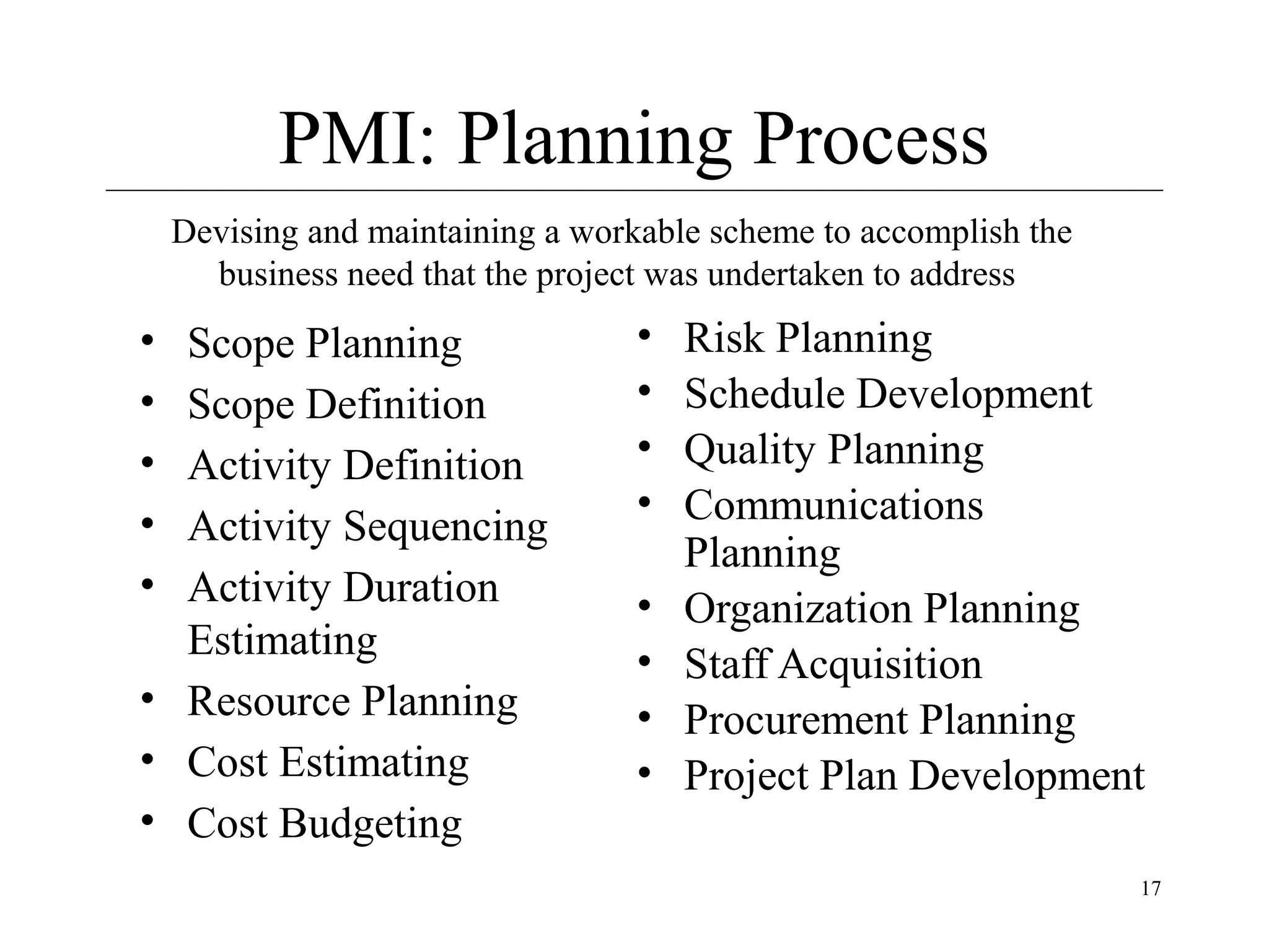 PMI: Planning Process
Devising and maintaining a workable scheme to accomplish the
business need that the project was undertaken to address

•
•
•
•
•

Scope Planning
Scope Definition
Activity Definition
Activity Sequencing
Activity Duration
Estimating
• Resource Planning
• Cost Estimating
• Cost Budgeting

•
•
•
•
•
•
•
•

Risk Planning
Schedule Development
Quality Planning
Communications
Planning
Organization Planning
Staff Acquisition
Procurement Planning
Project Plan Development
17

 