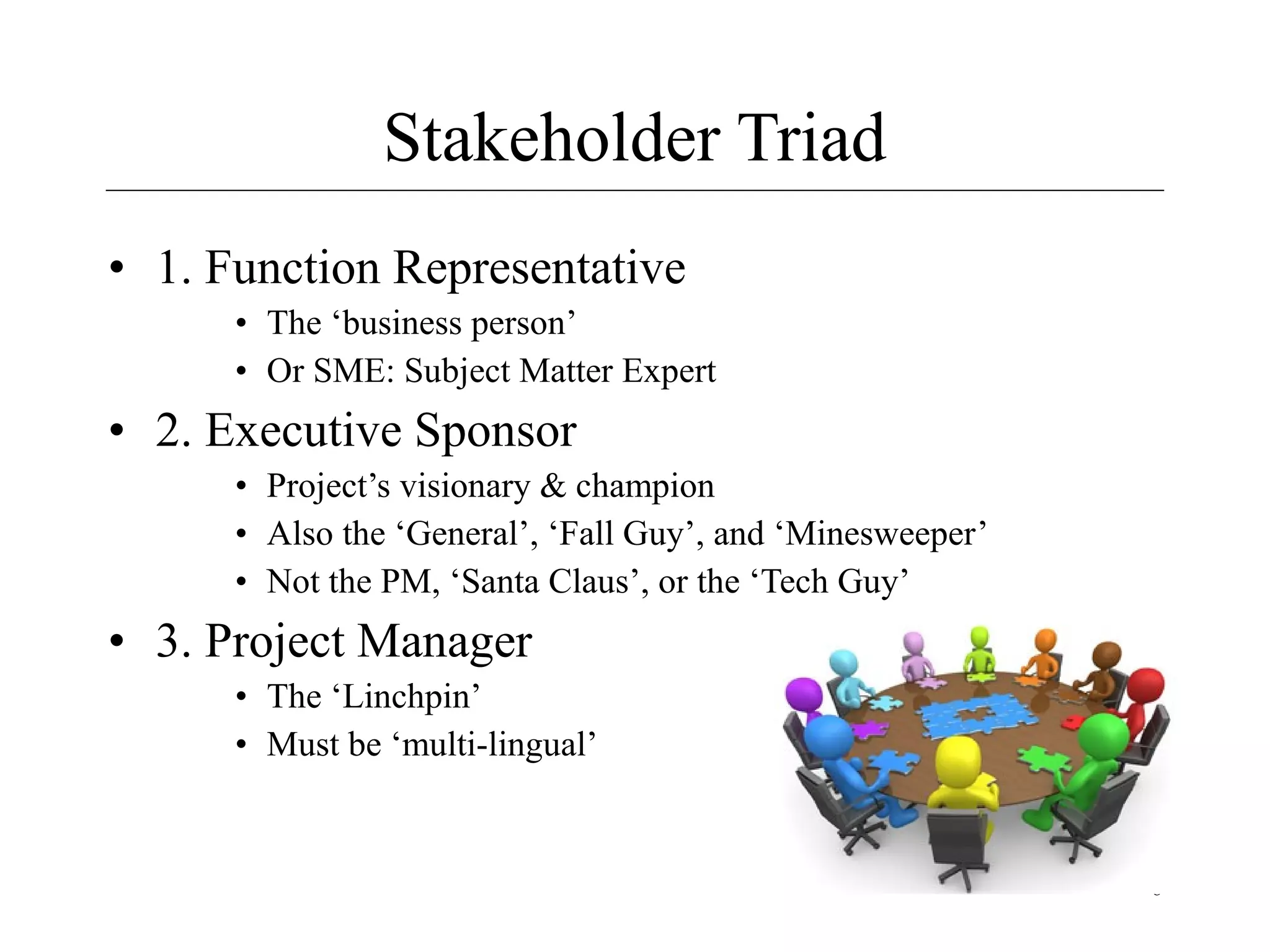 Stakeholder Triad
• 1. Function Representative
• The ‘business person’
• Or SME: Subject Matter Expert

• 2. Executive Sponsor
• Project’s visionary & champion
• Also the ‘General’, ‘Fall Guy’, and ‘Minesweeper’
• Not the PM, ‘Santa Claus’, or the ‘Tech Guy’

• 3. Project Manager
• The ‘Linchpin’
• Must be ‘multi-lingual’

8

 