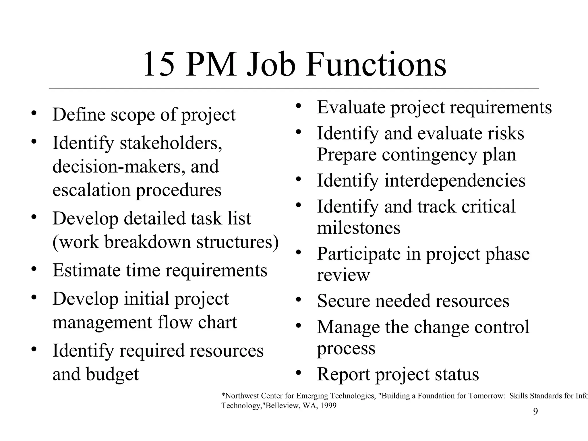 15 PM Job Functions
• Define scope of project
• Identify stakeholders,
decision-makers, and
escalation procedures
• Develop detailed task list
(work breakdown structures)
• Estimate time requirements
• Develop initial project
management flow chart
• Identify required resources
and budget

• Evaluate project requirements
• Identify and evaluate risks
Prepare contingency plan
• Identify interdependencies
• Identify and track critical
milestones
• Participate in project phase
review
• Secure needed resources
• Manage the change control
process
• Report project status

*Northwest Center for Emerging Technologies, "Building a Foundation for Tomorrow: Skills Standards for Info
Technology,"Belleview, WA, 1999

9

 