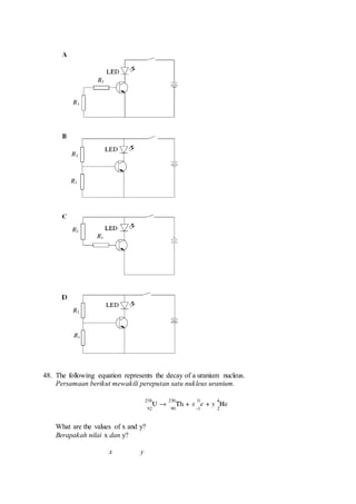 48. The following equation represents the decay of a uranium nucleus.
Persamaan berikut mewakili pereputan satu nukleus uranium.
What are the values of x and y?
Berapakah nilai x dan y?
x y
 