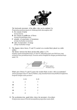 The backwards movement of the pillion rider can be explained by
Pergerakan pembonceng itu ke belakang boleh diterangkan oleh
A the concept of inertia
konsep inersia
B the concept of equilibrium of forces
konsep keseimbangan daya
C principle of conservation of momentum
prinsip keabadian momentum
D ciple of conservation of energy
prinsip keabadian tenaga
9. The diagram shows forces, F1 and F2, exerted on a wooden block placed on a table
surface.
The friction between the block and the table surface is 2 N.
Gambar rajah menunjukkan daya, F1 dan F2, dikenakan pada satu blok kayu yang
terletak di atas permukaan meja. Geseran antara bongkah itu dengan permukaan meja
ialah 2 N.
Which pair of forces F1 and F2 causes the wooden block to move with an acceleration?
Antara pasangan daya F1 dan F2 berikut, yang manakah akan menyebabkan bongkah itu
bergerak dengan suatu pecutan?
F1/N F2/N
A 5 7
B 3 5
C 6 4
D 3 2
E 4 1
10. The acceleration-time graph below shows the movement of an object.
Graf pecutan-masa di bawah menunjukkan pergerakan suatu objek.
 
