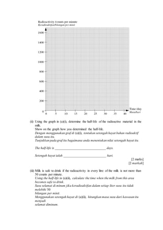 (ii) Using the graph in (a)(i), determine the half-life of the radioactive material in the
milk.
Show on the graph how you determined the half-life.
Dengan menggunakan graf di (a)(i), tentukan setengah hayat bahan radioaktif
dalam susu itu.
Tunjukkan pada graf itu bagaimana anda menentukan nilai setengah hayat itu.
The half-life is _______________________________ days.
Setengah hayat ialah __________________________ hari.
[2 marks]
[2 markah]
(iii) Milk is safe to drink if the radioactivity in every litre of the milk is not more than
50 counts per minute.
Using the half-life in (a)(ii), calculate the time when the milk from this area
becomes safe to drink.
Susu selamat di minum jika keradioaktifan dalam setiap liter susu itu tidak
melebihi 50
bilangan per minit.
Menggunakan setengah hayat di (a)(ii), hitungkan masa susu dari kawasan itu
menjadi
selamat diminum.
 