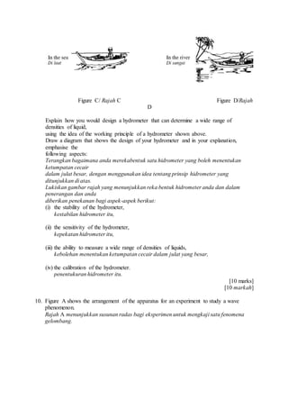 Figure C/ Rajah C Figure D/Rajah
D
Explain how you would design a hydrometer that can determine a wide range of
densities of liquid,
using the idea of the working principle of a hydrometer shown above.
Draw a diagram that shows the design of your hydrometer and in your explanation,
emphasise the
following aspects:
Terangkan bagaimana anda merekabentuk satu hidrometer yang boleh menentukan
ketumpatan cecair
dalam julat besar, dengan menggunakan idea tentang prinsip hidrometer yang
ditunjukkan di atas.
Lukiskan gambar rajah yang menunjukkan reka bentuk hidrometer anda dan dalam
penerangan dan anda
diberikan penekanan bagi aspek-aspek berikut:
(i) the stability of the hydrometer,
kestabilan hidrometer itu,
(ii) the sensitivity of the hydrometer,
kepekatan hidrometer itu,
(iii) the ability to measure a wide range of densities of liquids,
kebolehan menentukan ketumpatan cecair dalam julat yang besar,
(iv) the calibration of the hydrometer.
penentukuran hidrometer itu.
[10 marks]
[10 markah]
10. Figure A shows the arrangement of the apparatus for an experiment to study a wave
phenomenon.
Rajah A menunjukkan susunan radas bagi eksperimen untuk mengkaji satu fenomena
gelombang.
 