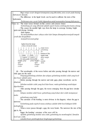 Bagi setiap cecair dengan ketumpatan yang diketahui, aras cecair pada batang
hidrometer ditanda.
– The difference in the liquid levels can be used to calibrate the stem of the
hydrometer.
Perbezaan aras cecair boleh digunakan untuk menentukur batang hidrometer.
10.(a) (i) – The water waves formed are like convex and concave lenses
Gelombang air yang dibentuk adalah seperti kanta cembung dan kanta cekung
– This causes the parallel light rays from the lamp to converge forming bright
spots and diverge forming
dark regions.
Ini menyebabkan sinar cahaya selari dari lampu ditumpukan menjadi tompok
cerah dan dicapahkan
menjadi kawasan gelap
(ii) – The wavelengths of the waves before and after passing through the narrow and
wide gaps are the same
Panjang gelombang sebelum dan selepas gelombang melalui celah yang kecil
dan besar adalah sama
– Before passing through the narrow and wide gaps, plane wavefronts can be
observed.
Sebelum melalui celah yang kecil dan besar, muka gelombang satah dapat
diperhatikan.
– After passing through the gaps, the waves emerging from the gap have circular
wavefronts
Selepas melalui celah besar, gelombang yang keluar dari celah mempunyai
muka
gelombang yang bulat
– The curvature of the bending is more obvious in the diagram, where the gap is
narrower.
Gelombang pada rajah di mana celahnya adalah lebih kecil didapati lebih
melengkung.
– When a wave passes through a gap, the wave bends. The narrower the size of the
gap is, the
bigger the bending/ curvature of the wave will be.
Apabila gelombang melalui satu celah, gelombang itu membengkok. Semakin
kecil saiz celah,
semakin besar pembengkokan/ lengkungan gelombang.
 