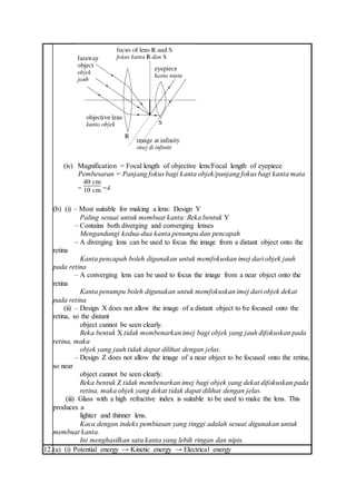 (iv) Magnification = Focal length of objective lens/Focal length of eyepiece
Pembesaran = Panjang fokus bagi kanta objek/panjang fokus bagi kanta mata
= =4
(b) (i) – Most suitable for making a lens: Design Y
Paling sesuai untuk membuat kanta: Reka bentuk Y
– Contains both diverging and converging lenses
Mengandungi kedua-dua kanta penumpu dan pencapah
– A diverging lens can be used to focus the image from a distant object onto the
retina
Kanta pencapah boleh digunakan untuk memfokuskan imej dari objek jauh
pada retina
– A converging lens can be used to focus the image from a near object onto the
retina
Kanta penumpu boleh digunakan untuk memfokuskan imej dari objek dekat
pada retina
(ii) – Design X does not allow the image of a distant object to be focused onto the
retina, so the distant
object cannot be seen clearly.
Reka bentuk X tidak membenarkan imej bagi objek yang jauh difokuskan pada
retina, maka
objek yang jauh tidak dapat dilihat dengan jelas.
– Design Z does not allow the image of a near object to be focused onto the retina,
so near
object cannot be seen clearly.
Reka bentuk Z tidak membenarkan imej bagi objek yang dekat difokuskan pada
retina, maka objek yang dekat tidak dapat dilihat dengan jelas.
(iii) Glass with a high refractive index is suitable to be used to make the lens. This
produces a
lighter and thinner lens.
Kaca dengan indeks pembiasan yang tinggi adalah sesuai digunakan untuk
membuat kanta.
Ini menghasilkan satu kanta yang lebih ringan dan nipis.
12.(a) (i) Potential energy → Kinetic energy → Electrical energy
 