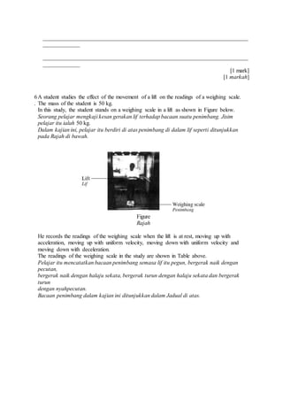 ________________________________________________________________________
_____________
________________________________________________________________________
_____________
[1 mark]
[1 markah]
6
.
A student studies the effect of the movement of a lift on the readings of a weighing scale.
The mass of the student is 50 kg.
In this study, the student stands on a weighing scale in a lift as shown in Figure below.
Seorang pelajar mengkaji kesan gerakan lif terhadap bacaan suatu penimbang. Jisim
pelajar itu ialah 50 kg.
Dalam kajian ini, pelajar itu berdiri di atas penimbang di dalam lif seperti ditunjukkan
pada Rajah di bawah.
Figure
Rajah
He records the readings of the weighing scale when the lift is at rest, moving up with
acceleration, moving up with uniform velocity, moving down with uniform velocity and
moving down with deceleration.
The readings of the weighing scale in the study are shown in Table above.
Pelajar itu mencatatkan bacaan penimbang semasa lif itu pegun, bergerak naik dengan
pecutan,
bergerak naik dengan halaju sekata, bergerak turun dengan halaju sekata dan bergerak
turun
dengan nyahpecutan.
Bacaan penimbang dalam kajian ini ditunjukkan dalam Jadual di atas.
 
