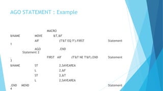 AGO STATEMENT : Example
MACRO
&NAME MOVE &T,&F
AIF (T'&T EQ 'F').FIRST Statement
1
AGO .END
Statement 2
. FIRST AIF (T'&T NE T'&F).END Statement
3
&NAME ST 2,SAVEAREA
L 2,&F
ST 2,&T
L 2,SAVEAREA
.END MEND Statement
4
 