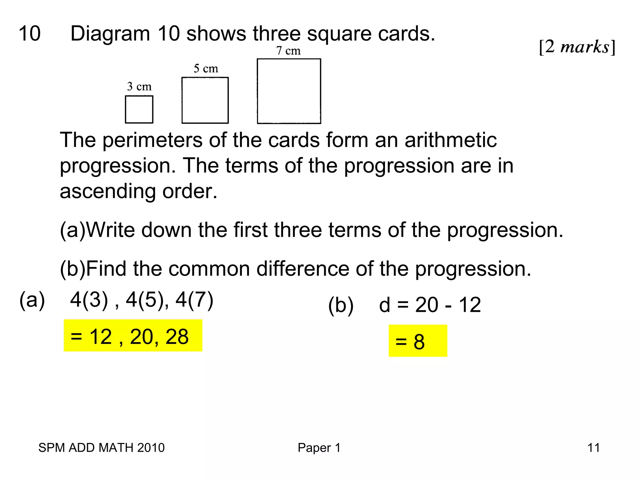 SPM ADD MATH 2010 Paper 1 11
10 Diagram 10 shows three square cards.
The perimeters of the cards form an arithmetic
progression. The terms of the progression are in
ascending order.
(a)Write down the first three terms of the progression.
(b)Find the common difference of the progression.
(a) 4(3) , 4(5), 4(7)
= 12 , 20, 28
(b) d = 20 - 12
= 8
 