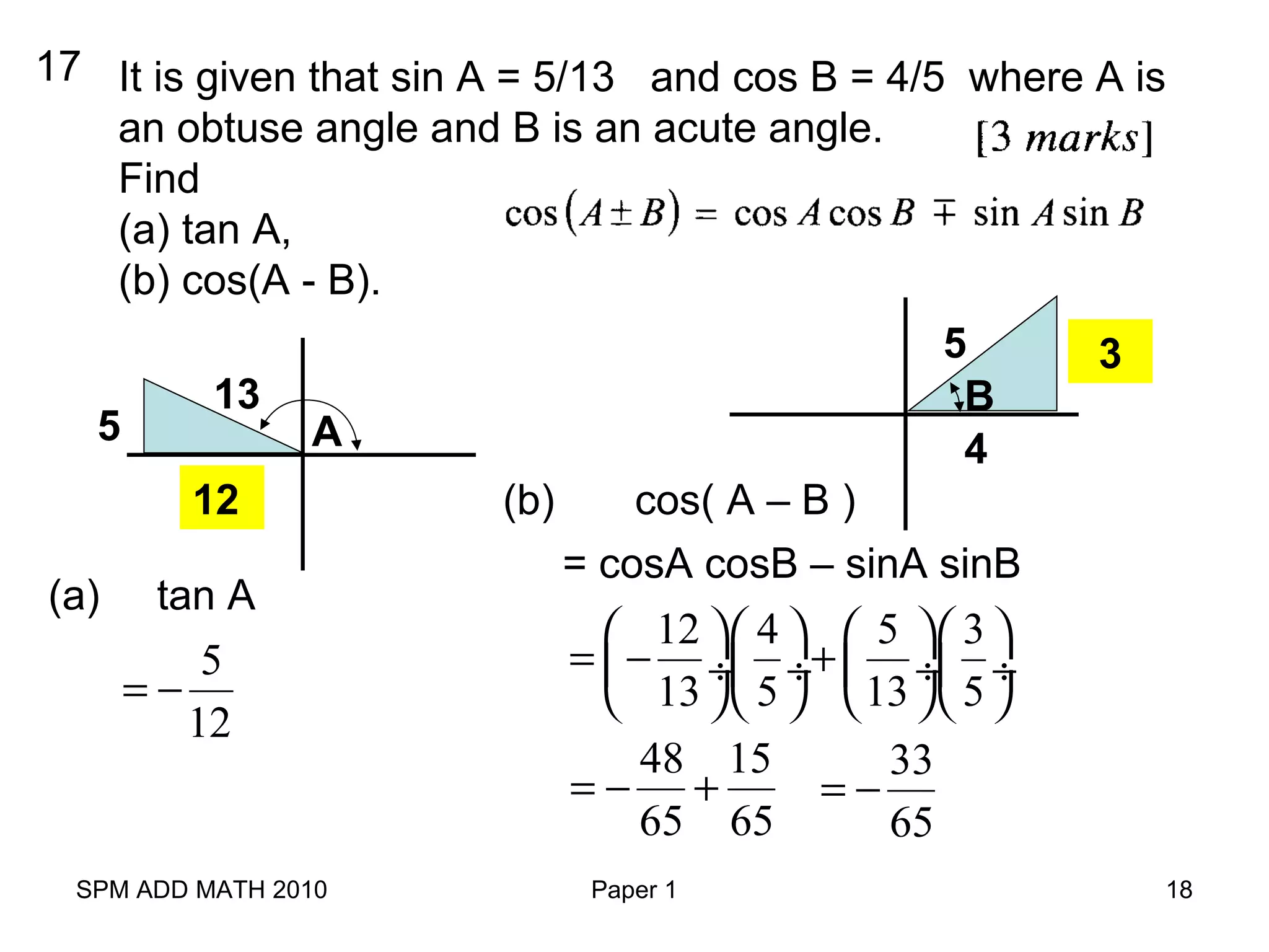 SPM ADD MATH 2010 Paper 1 18
17 It is given that sin A = 5/13 and cos B = 4/5 where A is
an obtuse angle and B is an acute angle.
Find
(a) tan A,
(b) cos(A - B).
A5
13 B
5
4
12
(a) tan A
5
12
= −
3
(b) cos( A – B )
= cosA cosB – sinA sinB
12 4 5 3
13 5 13 5
     
= − + ÷ ÷  ÷ ÷
     
48 15
65 65
= − +
33
65
= −
 