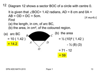 SPM ADD MATH 2010 Paper 1 13
12 Diagram 12 shows a sector BOC of a circle with centre 0.
It is given that ∠BOC= 1.42 radians, AD = 8 cm and 0A =
AB = OD = DC = 5cm.
Find
(a) the length, in cm, of arc BC,
(b) the area, in cm2
, of the coloured region.
(a) arc BC
= 10 ( 1.42 )
= 14.2
(b) the area
= ½ (10)2
( 1.42 )
- ½ (8) (3)
= 71 - 12
= 59
 