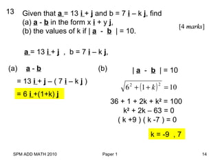 SPM ADD MATH 2010 Paper 1 14
Given that a = 13 i + j and b = 7 i – k j, find
(a) a - b in the form x i + y j,
(b) the values of k if | a - b | = 10.
13
a = 13 i + j , b = 7 i – k j,
(a) a - b
= 13 i + j – ( 7 i – k j )
= 6 i +(1+k) j
(b) | a - b | = 10
( ) 1016
22
=++ k
36 + 1 + 2k + k2
= 100
k2
+ 2k – 63 = 0
( k +9 ) ( k -7 ) = 0
k = -9 , 7
 