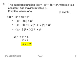 SPM ADD MATH 2010 Paper 1 7
6 The quadratic function f(x) = -x2
+ 4x + a2
, where a is a
constant, has maximum value 8.
Find the values of a.
f(x) = -x2
+ 4x + a2
= -( x2
- 4x ) + a2
= -[ x2
- 4x + ( -2 )2
- ( -2 )2
] + a2
= -( x - 2 )2
+ ( -2 )2
+ a2
( -2 )2
+ a2
= 8
a2
= 4
a = ± 2
 