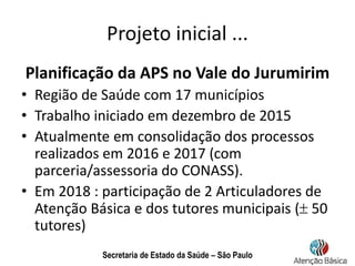 Secretaria de Estado da Saúde – São Paulo
Projeto inicial ...
Planificação da APS no Vale do Jurumirim
• Região de Saúde c...
