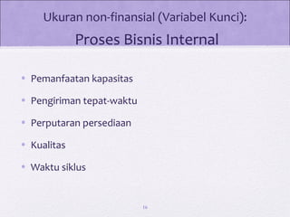 Ukuran non-finansial (Variabel Kunci):
Proses Bisnis Internal
• Pemanfaatan kapasitas
• Pengiriman tepat-waktu
• Perputaran persediaan
• Kualitas
• Waktu siklus
16
 