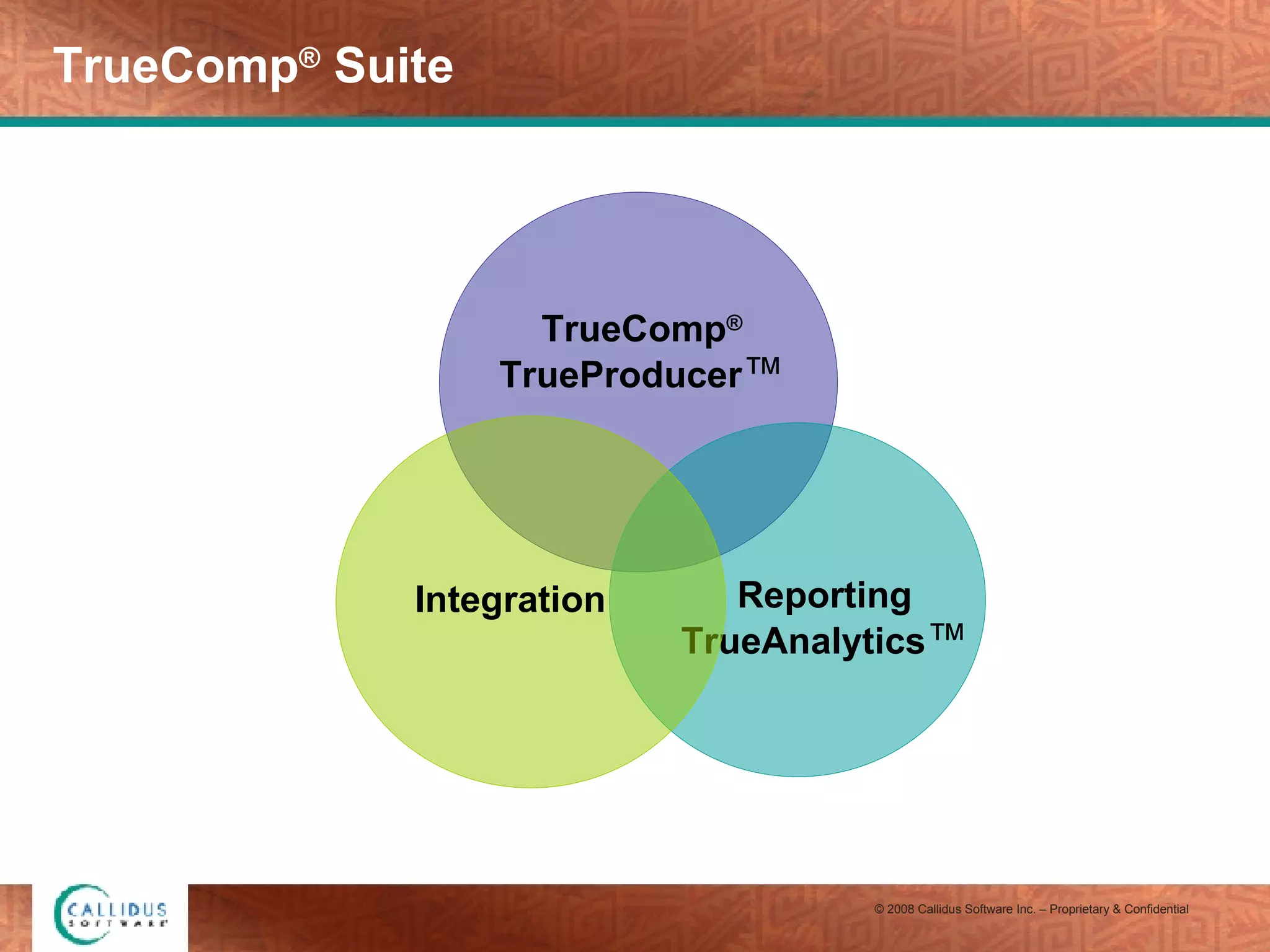 TrueComp ®  Suite TrueComp ® TrueProducer ™ Reporting TrueAnalytics ™ Integration 