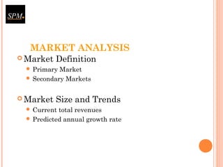 MARKET ANALYSIS
 Market Definition
 Primary Market
 Secondary Markets
 Market Size and Trends
 Current total revenues
 Predicted annual growth rate
 
