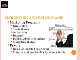 MARKETING AND SALES PLANS
 Marketing Programs
Direct Mail
Trade Shows
Advertising
Internet
Publicity/Public Relations
Marketing Budget
 Pricing
Basis for targeted price point
Margins and profitability by volume levels
 