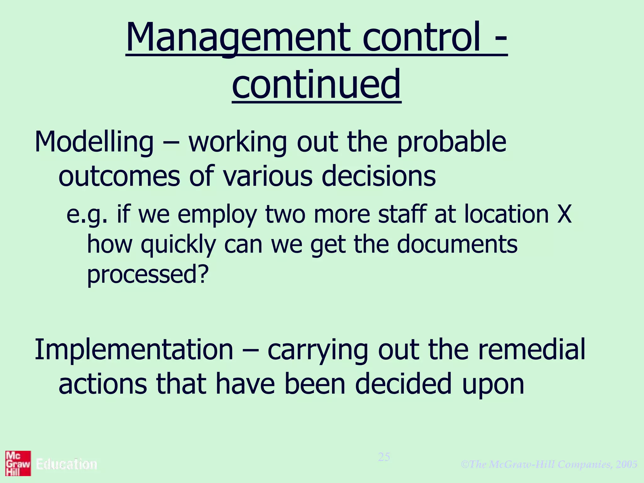 ©The McGraw-Hill Companies, 2005
25
Management control -
continued
Modelling – working out the probable
outcomes of various decisions
e.g. if we employ two more staff at location X
how quickly can we get the documents
processed?
Implementation – carrying out the remedial
actions that have been decided upon
 