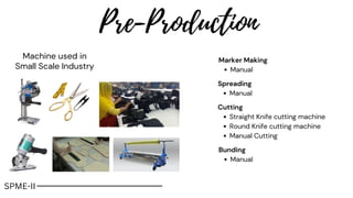 Pre-Production
Machine used in
Small Scale Industry
Straight Knife cutting machine
Round Knife cutting machine
Manual Cutting
Cutting
SPME-II
Manual
Spreading
Manual
Marker Making
Manual
Bunding
 