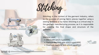 Stitching, in the context of the garment industry, refers
to the process of joining fabric pieces together using a
sewing machine or by hand. Stitching is a critical step in
the garment manufacturing process, as it is responsible
for creating the final shape and structure of the
garment.
Stitching
SPME-II
SNLS with stitch type(301)
Flatlock Machine with stitch type(406)
Overlock machine with stitch type(514)
Machine used
 