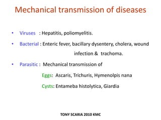 Mechanical transmission of diseases
• Viruses : Hepatitis, poliomyelitis.
• Bacterial : Enteric fever, bacillary dysentery, cholera, wound
infection & trachoma.
• Parasitic : Mechanical transmission of
Eggs: Ascaris, Trichuris, Hymenolpis nana
Cysts: Entameba histolytica, Giardia
TONY SCARIA 2010 KMC
 