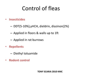 Control of fleas
• Insecticides
– DDT(5-10%),γHCH, dieldrin, diazinon(2%)
– Applied in floors & walls up to 1ft
– Applied in rat burrows
• Repellents
– Diethyl toluamide
• Rodent control
TONY SCARIA 2010 KMC
 