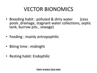 VECTOR BIONOMICS
• Breeding habit : polluted & dirty water (cess
pools ,drainage, stagnant water collections, septic
tank, burrow pits , sewage)
• Feeding : mainly antropophilic
• Biting time : midnight
• Resting habit: Endophilic
TONY SCARIA 2010 KMC
 
