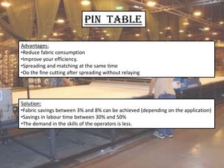 Pin Table
Advantages:
•Reduce fabric consumption
•Improve your efficiency.
•Spreading and matching at the same time
•Do the fine cutting after spreading without relaying
Solution:
•Fabric savings between 3% and 8% can be achieved (depending on the application)
•Savings in labour time between 30% and 50%
•The demand in the skills of the operators is less.
 