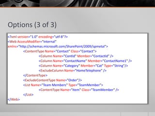 Options (3 of 3)
<?xml version="1.0" encoding="utf-8"?>
<Web AccessModifier="Internal"
xmlns="http://schemas.microsoft.com/SharePoint/2009/spmetal">
          <ContentType Name="Contact" Class="Contact">
                    <Column Name="ContId" Member="ContactId" />
                    <Column Name="ContactName" Member="ContactName1" />
                    <Column Name="Category" Member="Cat" Type="String"/>
                    <ExcludeColumn Name="HomeTelephone" />
          </ContentType>
          <ExcludeContentType Name="Order"/>
          <List Name="Team Members" Type="TeamMember">
                    <ContentType Name="Item" Class="TeamMember" />
          </List>
</Web>
 