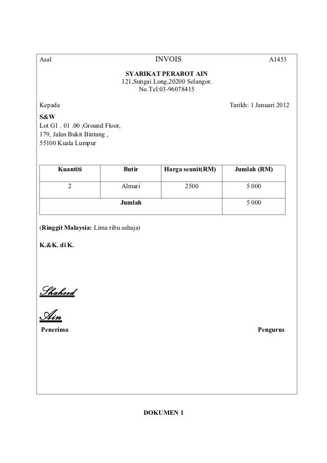 Contoh Invois Kedai Perabot / Contoh Invois Cukai - Contoh Si - Contoh